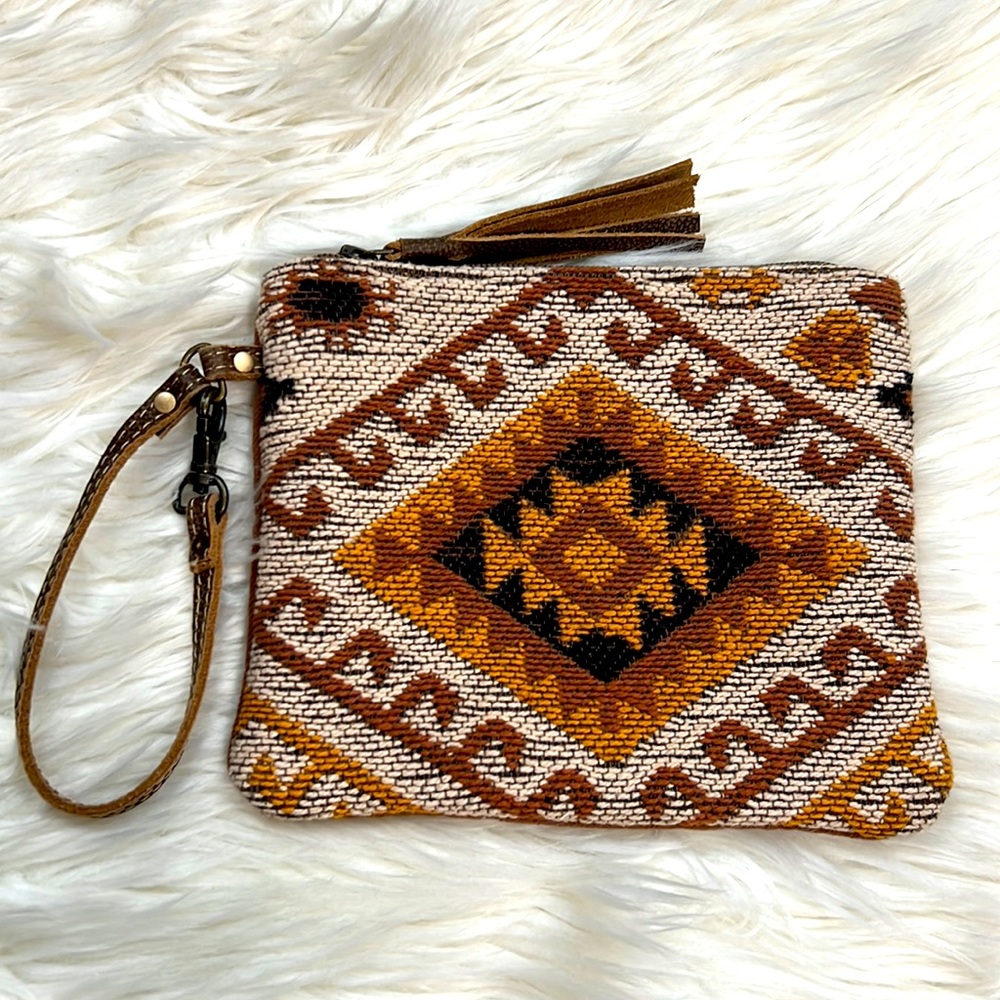 Myra Bag Elora Pouch Canvas & Leather Wristlet Clutch Boho Southwestern Design